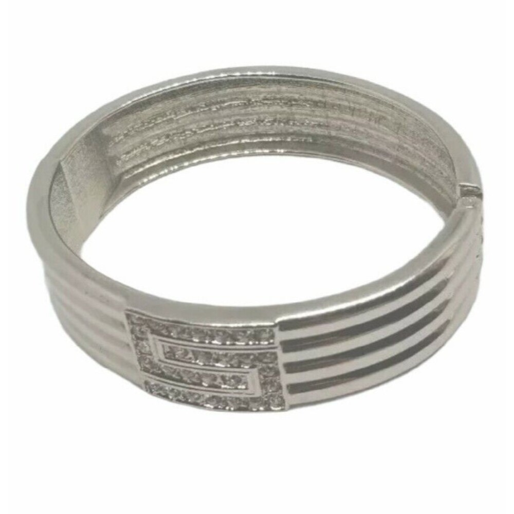 Silver Tone Rhinestone Inlay Bracelet Ribbed Metal Clamper Hinged Bangle Elegant